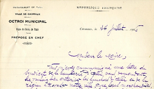Papier à entête du Préposé en chef à l'octroi municipal, régie des droits de place à la ville de Carmaux.