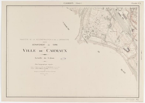 M.R.U. CARMAUX._ Plan topographique régulier de la ville de Carmaux au 1/2000 (rattaché à la triangulation des mines de Carmaux)._La Gare, feuille 3