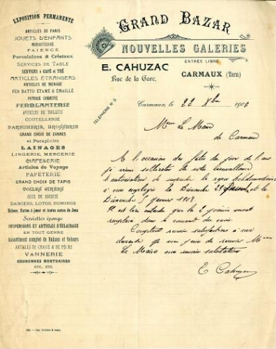Papier à entête de E. Cahuzac, Grand Bazar, Nouvelles Galeries, rue de la Gare.