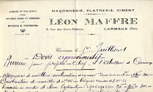 Papier à entête de Léon Maffre, Maçonnerie, Plâtreire, Ciment, 8 rue des Bons-Enfants.