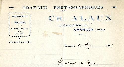 Papier à entête de Ch. Alaux, travaux photographiques, 64 avenue de Rodez.