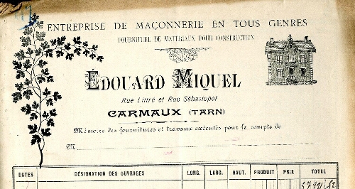 Papier à entête de Edourad Miquel, entreprise de maçonnerie en tous genres, fourniture de matériaux pour construction, rue Littré et rue Sébastopol.