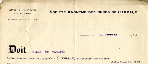 Papier à entête de la Société anonyme des Mines de Carmaux, service de l'exploitation.