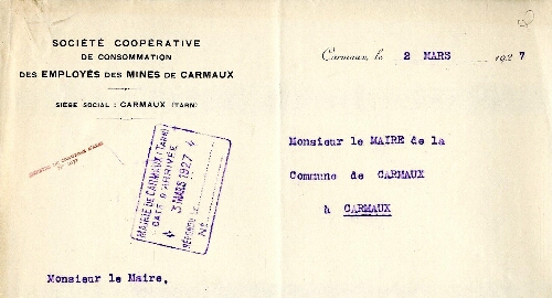 Papier à entête de la Société coopérative de consommation des employés des mines de Carmaux , siège social Carmaux.