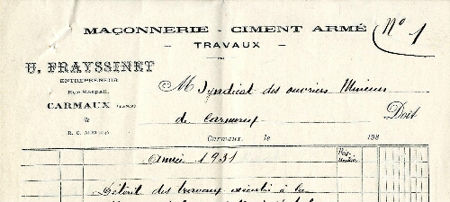 Papier à entête de U. Frayssinet, entrepreneur maçonnerie, ciment armé, rue Raspail.