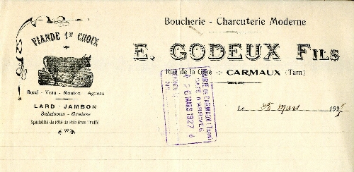 Papier à entête de E. Godeux Fils, Boucherie - Charcuterie Moderne, rue de la Gare.