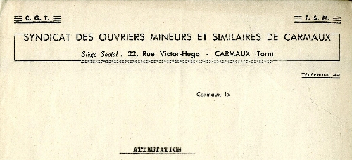 Papier à entête du Syndicat des ouvriers mineurs et similaires de Carmaux, 22 rue Victor Hugo.