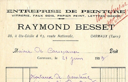 Papier à entête de Raymond Besset, entreprise de peinture, vitrerie, faux bois, papier peint, lettres décor, 38 à Sainte-Cécile et 43 Route Nationale.