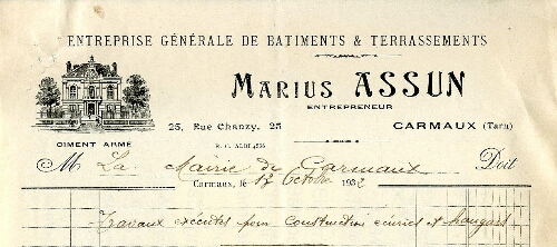 Papier à entête de Marius Assun, entreprise générale de bâtiments & terrassements, 25 rue Chanzy.