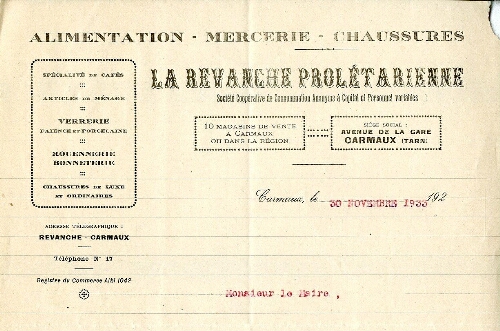Papier à entête de La Revanche Prolétarienne, société coopérative de consommation, alimentation, mercerie, chaussures, avenue de la Gare.