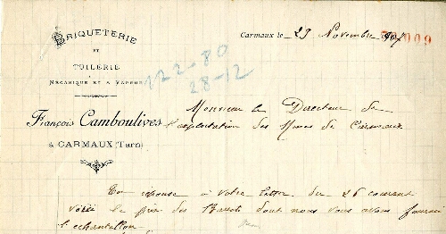 Papier à entête de François Camboulives, briqueterie et tuilerie, mécanique et à vapeur, Camp Grand.