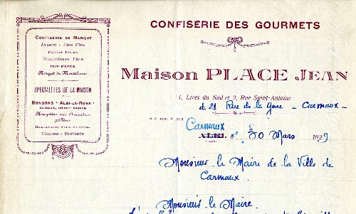 Papier à entête de la Maison Place Jean, Confiserie des Gourmets, 21 rue de la Gare.