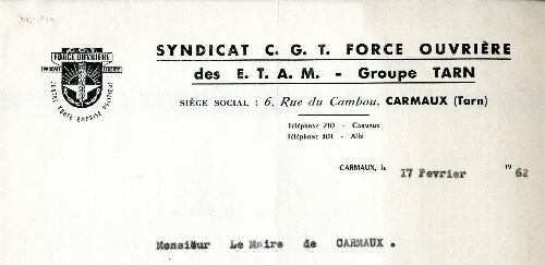 Papier à entête du Syndicat C.G.T. Force Ouvrière des E.T.A.M. - Groupe Tarn, 6 rue du Cambou.