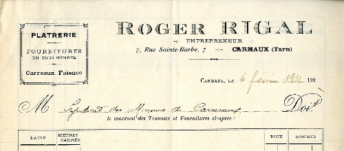 Papier à entête de Roger Rigal, entrepreneur platrerie, fournitures en tout genre, carreaux faïence, 7 rue Sainte-Barbe.