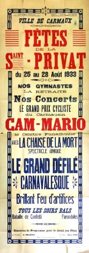 Affiche programme des Fêtes de la Saint-Privat du 25 au 28 août 1933.