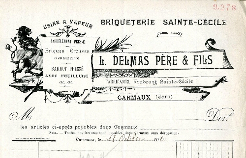 Papier à entête de L. Delmas père et fils, fabricants briqueterie Sainte-Cécile, faubourg Sainte-Cécile.