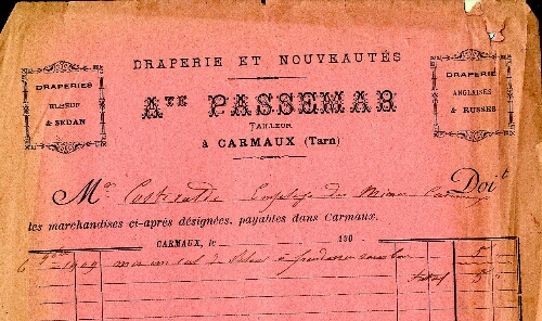 Papier à entête de Auguste Passemar, tailleur, draperie et nouveautés, villa Gabriel.