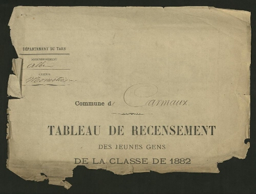 Recrutements : tableau de recensement communal des jeunes gens de la classe de 1882.