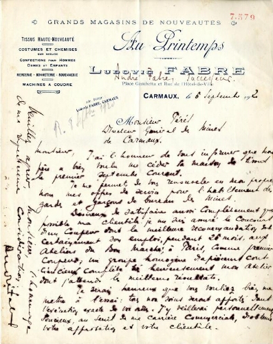 Papier à entête Ludovic Fabre, Grands Magasins de Nouveautés Au Printemps, place Gambetta et rue de l'Hôtel-de-Ville.