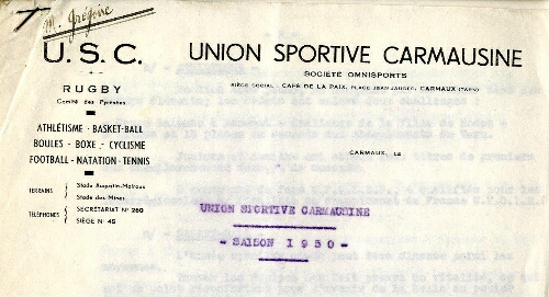 Papier à entête de l'Union Sportive Carmausine, société omnisports, Café de la Paix, place Jean Jaurès.