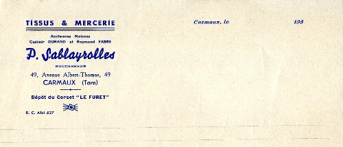 Papier à entête de P. Sablayrolles, tissus et mercerie, ancienens maisons Casimir Durand et Raymond Fabre, 49 avenue Albert-Thomas.