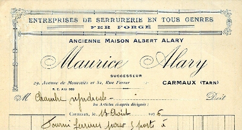 Papier à entête de Maurice Alary, entreprise de serrurerie en tous genre, fer forgé, 29 avenue de Monestiès et 52 rue Ferrer.