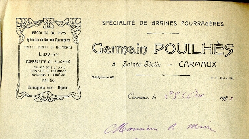 Papier à entête de Germain Pouilhès, Spécialité de graines fourragères, à Sainte-Cécile.