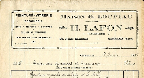 Papier à entête de H. Lafon successeur Maison G. Loupiac, peinture-vitrerie, droguerie, bois, marbre, lettres, 89 Route Nationale.