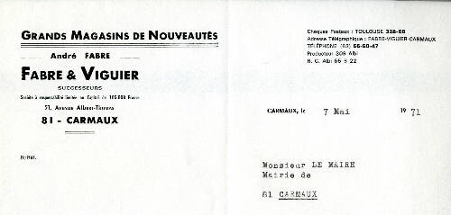 Papier à entête des établissements Fabre & Viguier, Grands Magasins de Nouveautés, 51 avenue Albert-Thomas.