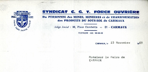 Papier à entête du Syndicat C.G.T. Force Ouvrière du personnel des mines, minières et de transformation des produits du sous-sol de Carmaux, 10 place Gambetta.