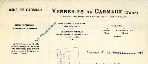 Papier à entête des Verreries de Carmaux, usine de Carmaux, avenue de la Gare et rue de la Verrerie.