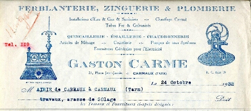 Papier à entête de Gaston Carme, ferblanterie, zinguerie & plomberie, 21 place Jean Jaurès.
