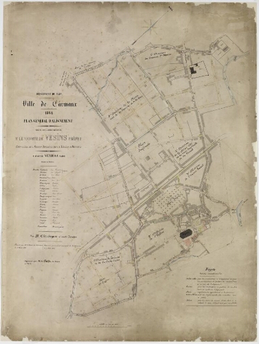 Plan général d'alignement de la ville de Carmaux. Dressé sous l'administration de M. le Vicomte de Vesins, Préfet et de M. Auguste Veyriac, maire, conseiller général.