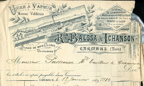 Papier à entête de B. Balssa & Ichanson, entreprise de constructions menuiserie & ébénisterie de toute sorte, sciage de bois cintrés, découpage, usine à vapeur avenue de Valdériès.