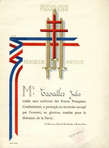 Diplôme des Forces Françaises Combattantes attribué à Jules Cavaillès.