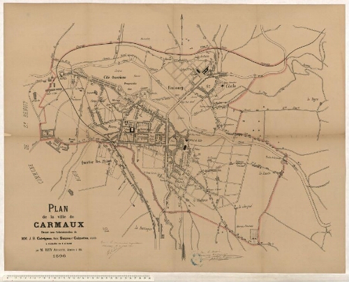 Plan de la ville de Carmaux dressé sous l'administration de MM. J.B. Calvignac, maire, Saurou et Calmettes, adjoints. Echelle 1/5000.