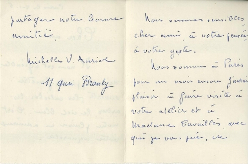 Courrier de la Première Dame de France, Michelle Auriol, adressé aux époux Cavaillès.